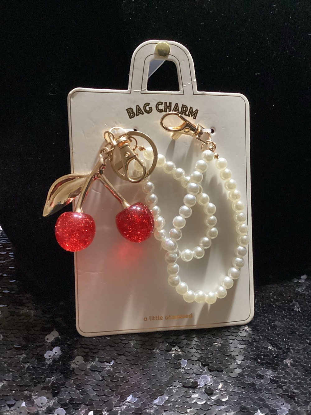Pearl Loop Key & Red Cherry Bag Charm with Gold Accents